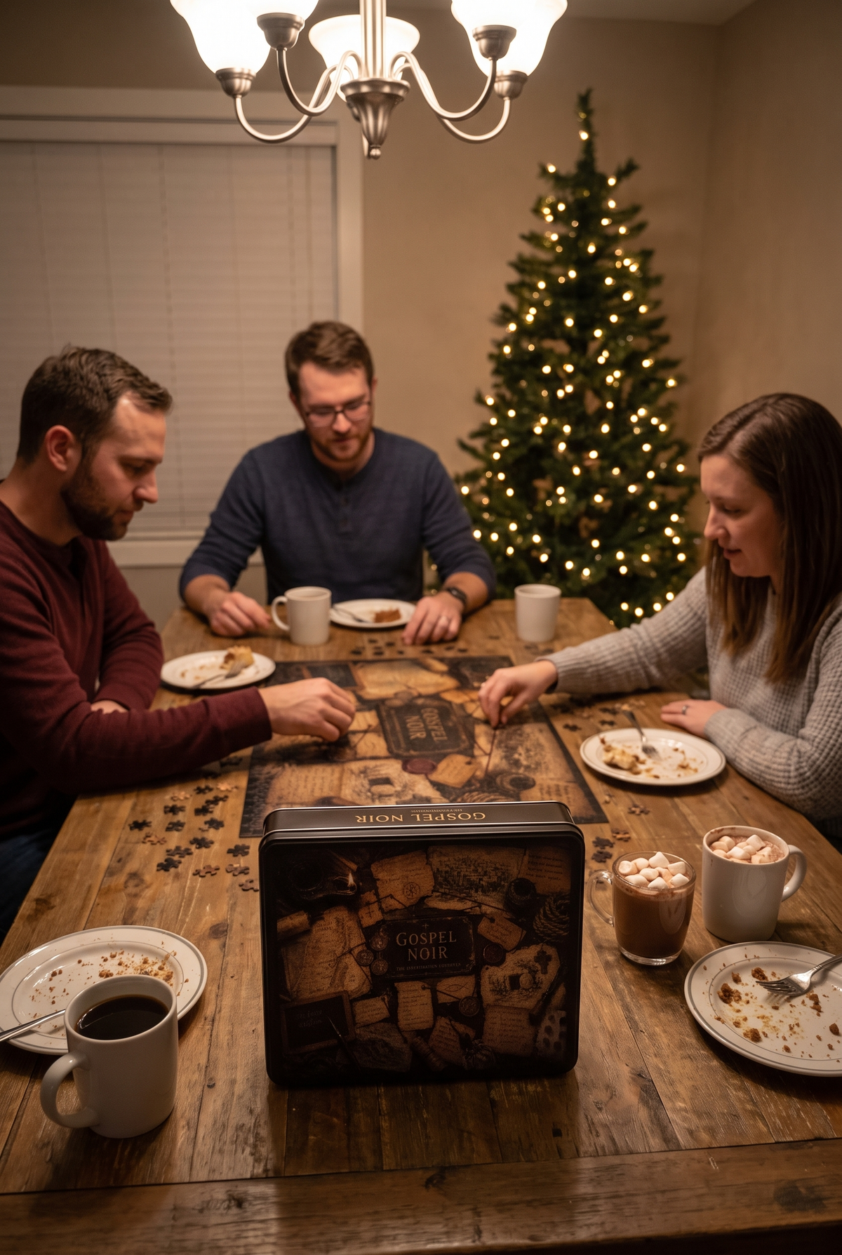 Family assembling Gospel Noir Christian puzzle after Christmas dinner