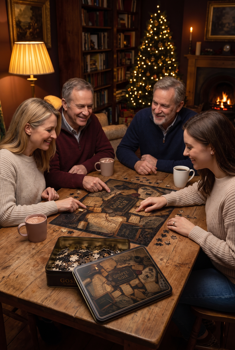 Gospel Noir Christian puzzle in a family Christmas activity scene