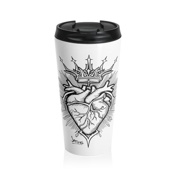 Sacred Heart Christian Stainless Steel Travel Mug – 15 oz — red, front view