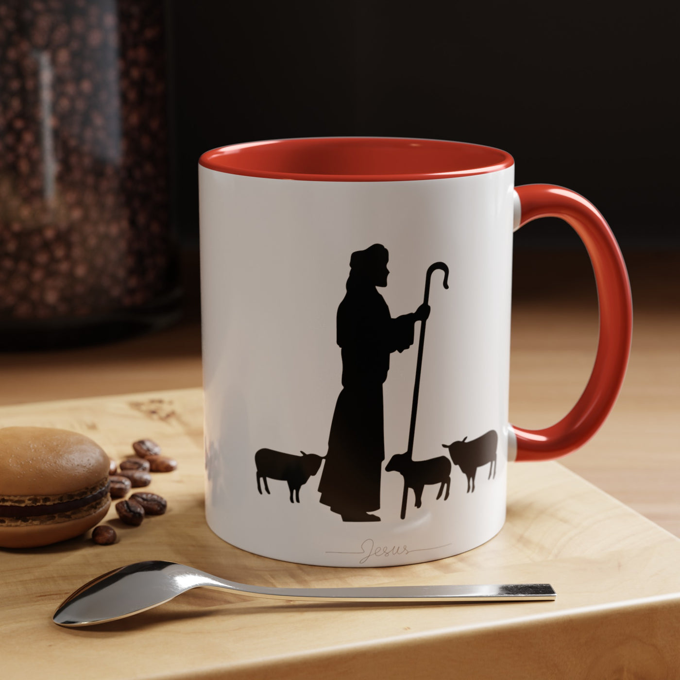 Jesus and the Sheep Accent Christian Mug – 11 oz — white, lifestyle view 2