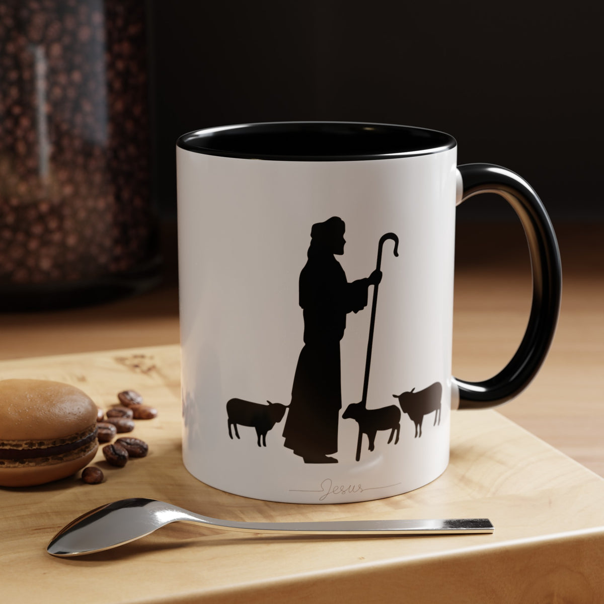 Jesus and the Sheep Accent Christian Mug – 11 oz — white, lifestyle view