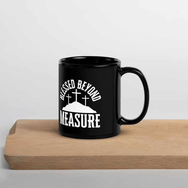 Blessed Beyond Measure black Christian mug product view
