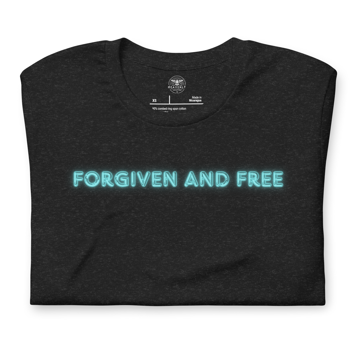 Forgiven and Free Ephesians 1:7 Christian T-Shirt — black heather, folded view
