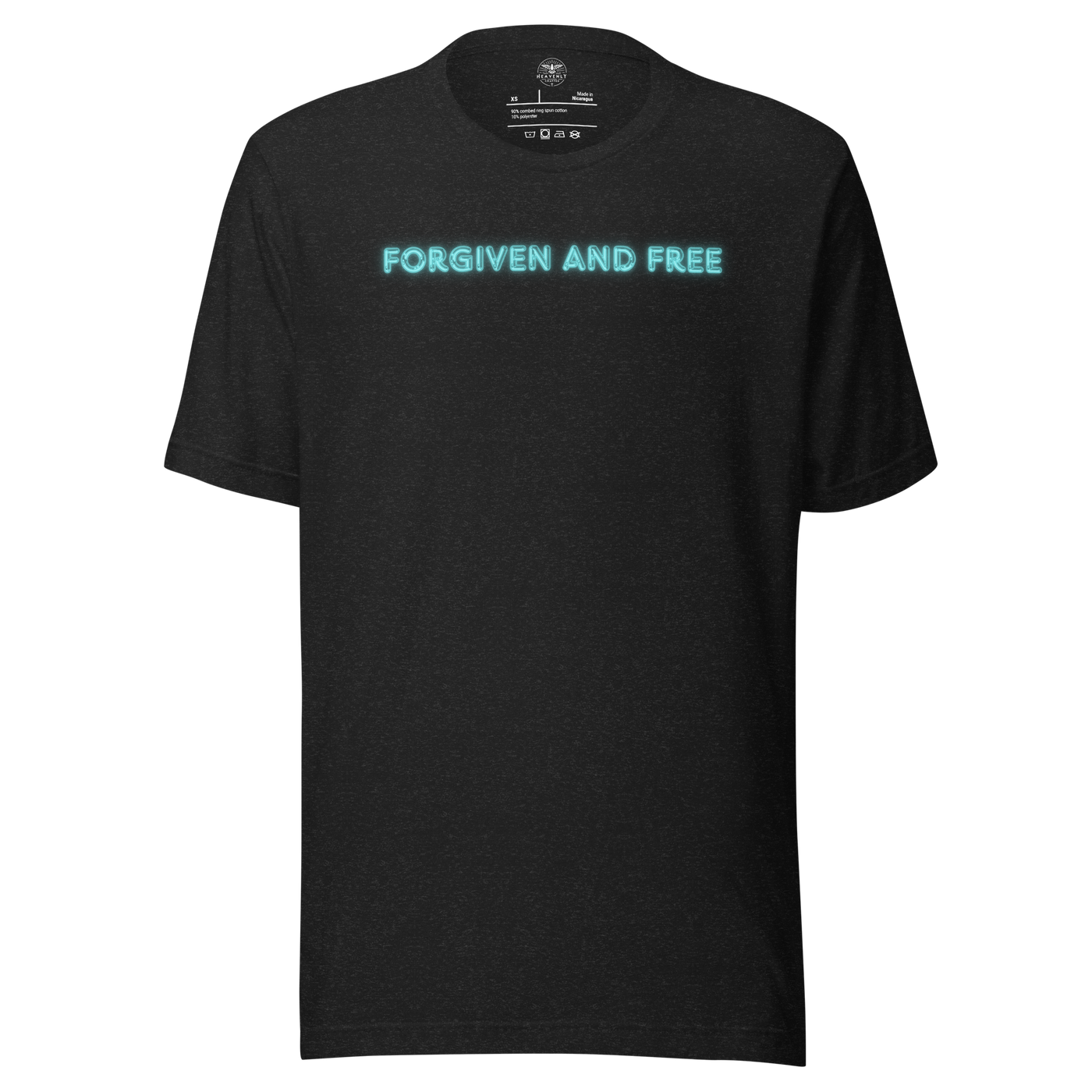 Forgiven and Free Ephesians 1:7 Christian T-Shirt — black heather, front view