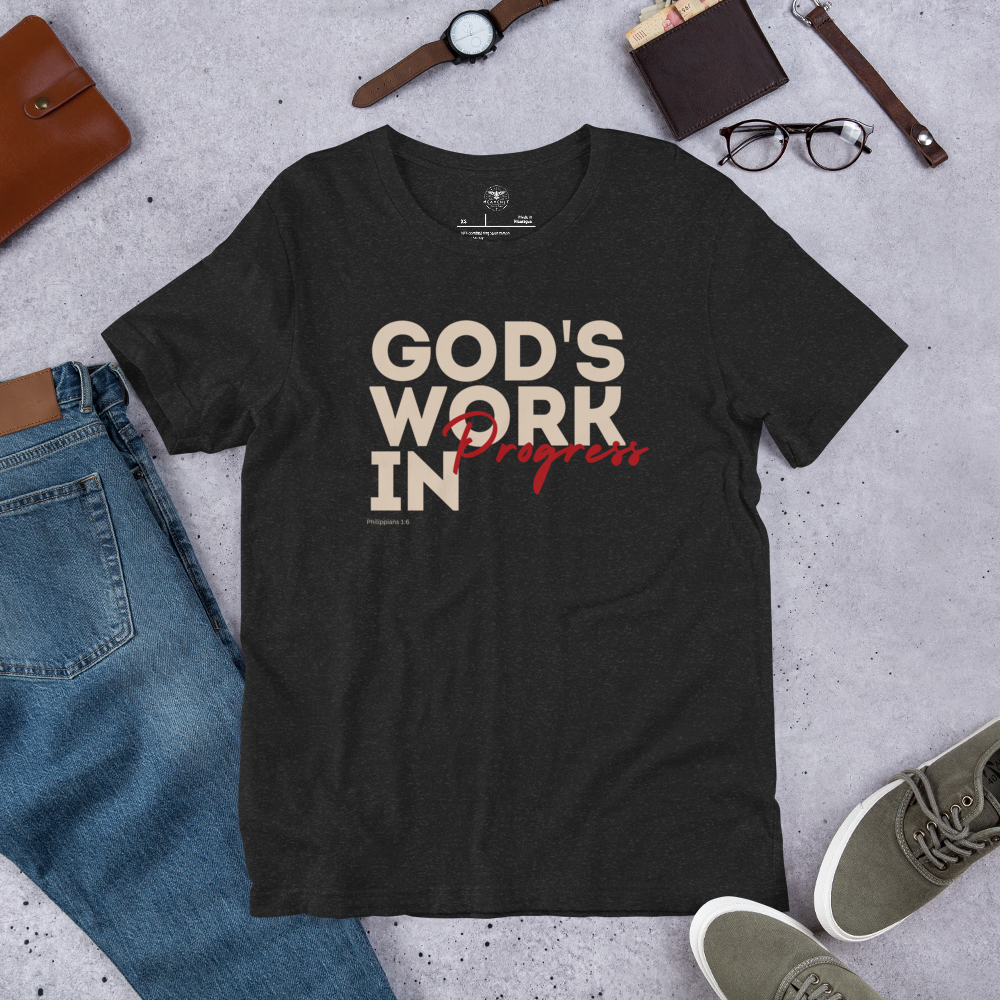 God’s Work in Progress Philippians 1:6 Christian T-Shirt — charcoal black, front view 2