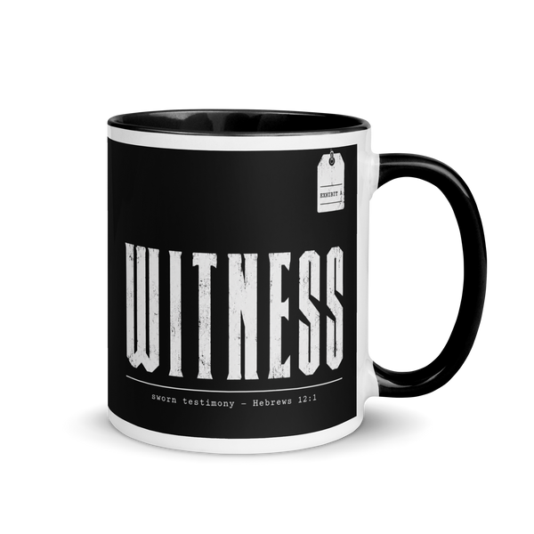 Witness Hebrews 12:1 Christian Mug – Black & White 11 oz — white, front view