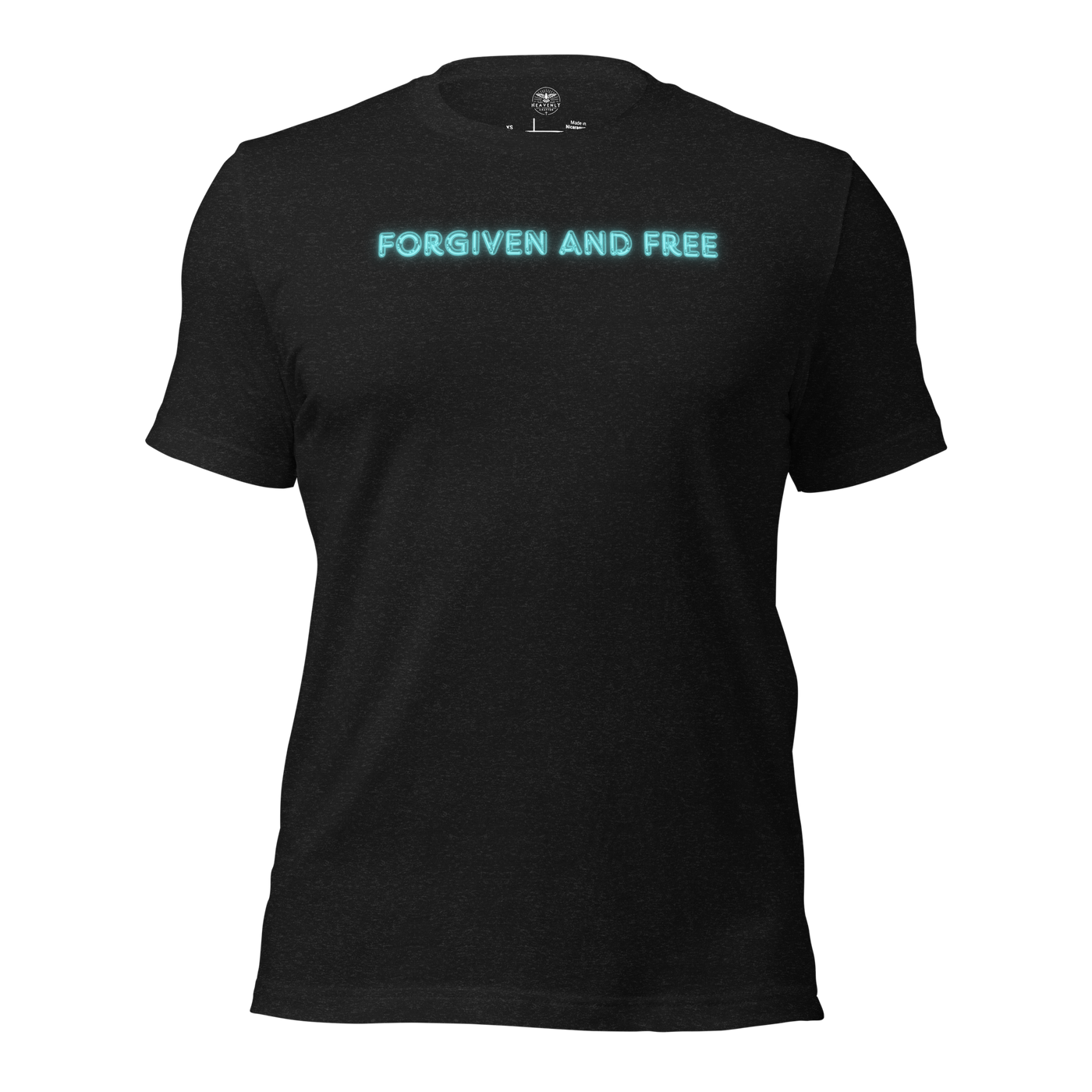 Forgiven and Free Ephesians 1:7 Christian T-Shirt — black heather, product mockup
