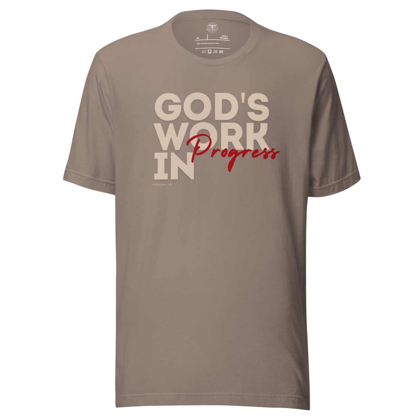 God’s Work in Progress Philippians 1:6 Christian T-Shirt — tan, product mockup 2