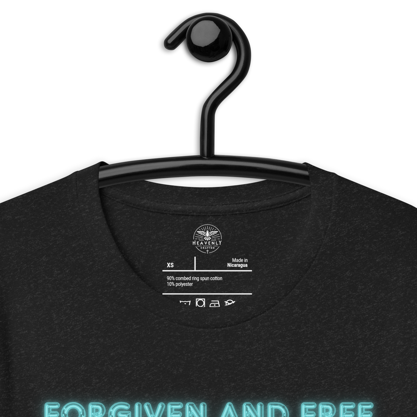 Forgiven and Free Ephesians 1:7 Christian T-Shirt — label and care detail