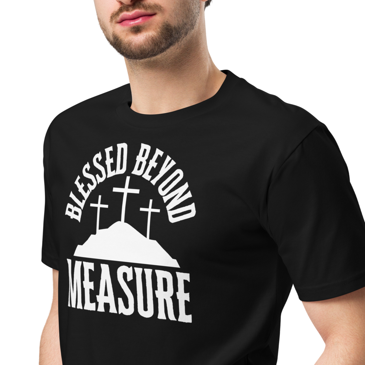 Blessed Beyond Measure Black Christian T-Shirt — black, shown on male model