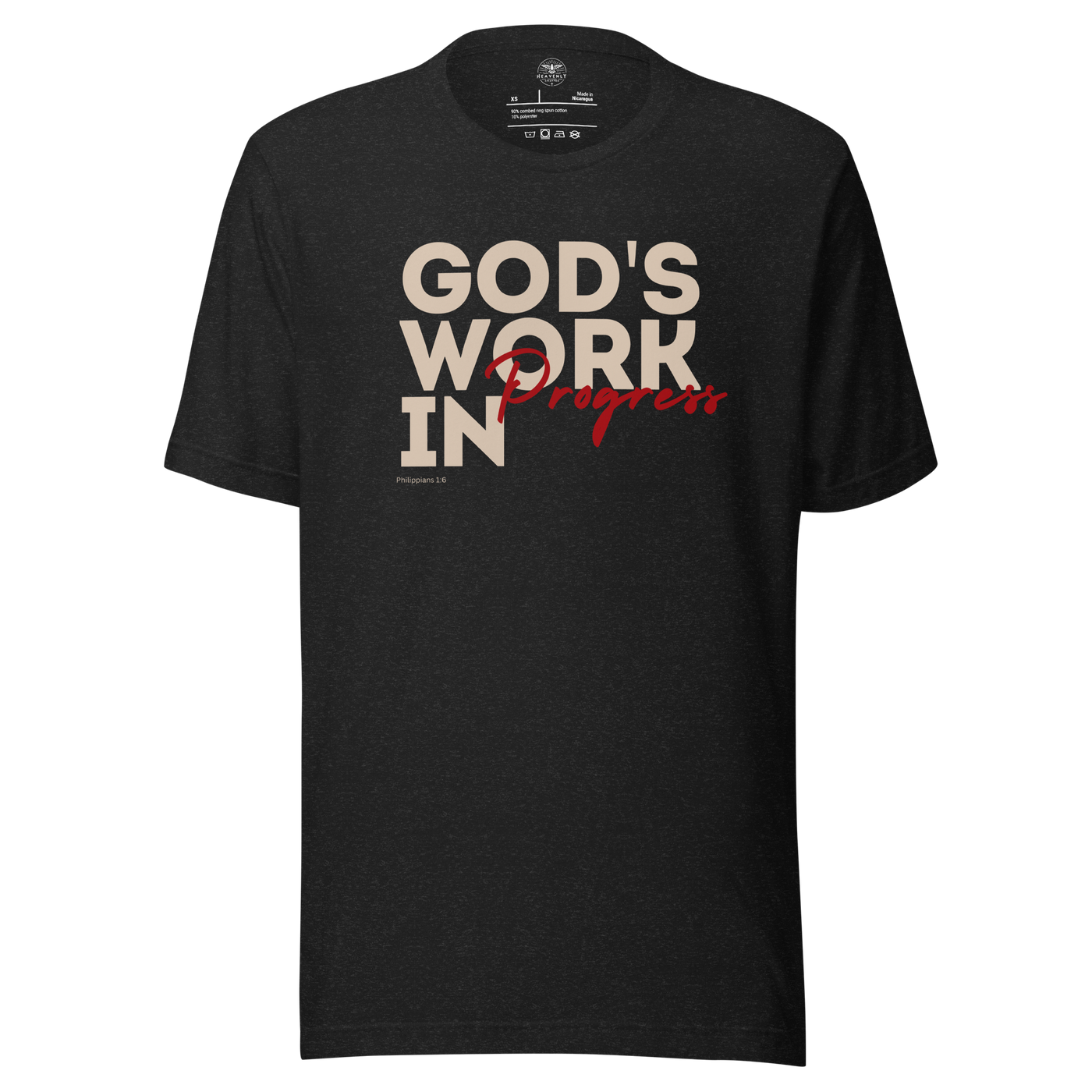 God’s Work in Progress Philippians 1:6 Christian T-Shirt — tan, lifestyle view