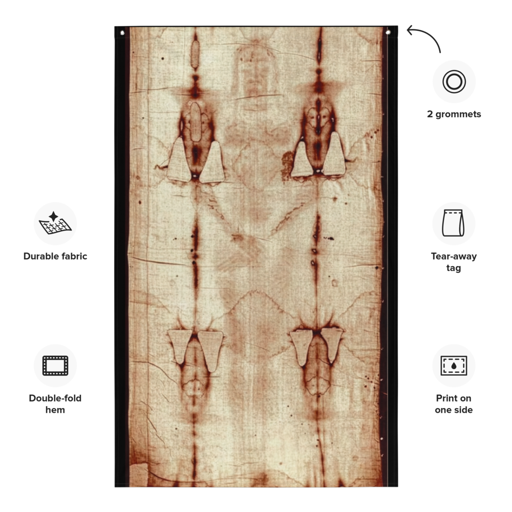 Shroud of Turin Replica Flag – Gospel Noir Study Print — white, lifestyle view