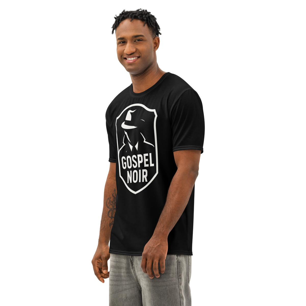 Gospel Noir men’s cotton crew neck T-shirt — white, left-front view