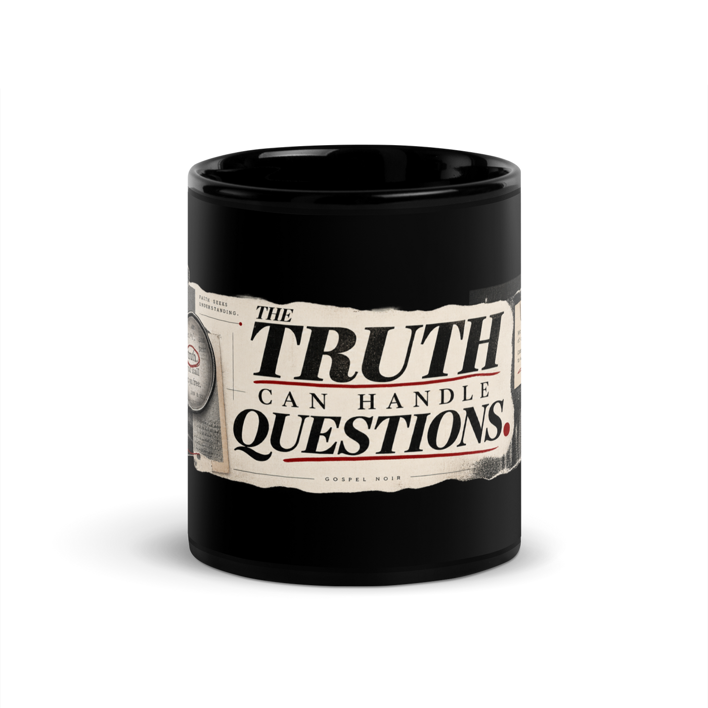 Test Everything black Christian discernment mug by Gospel Noir, front product view.