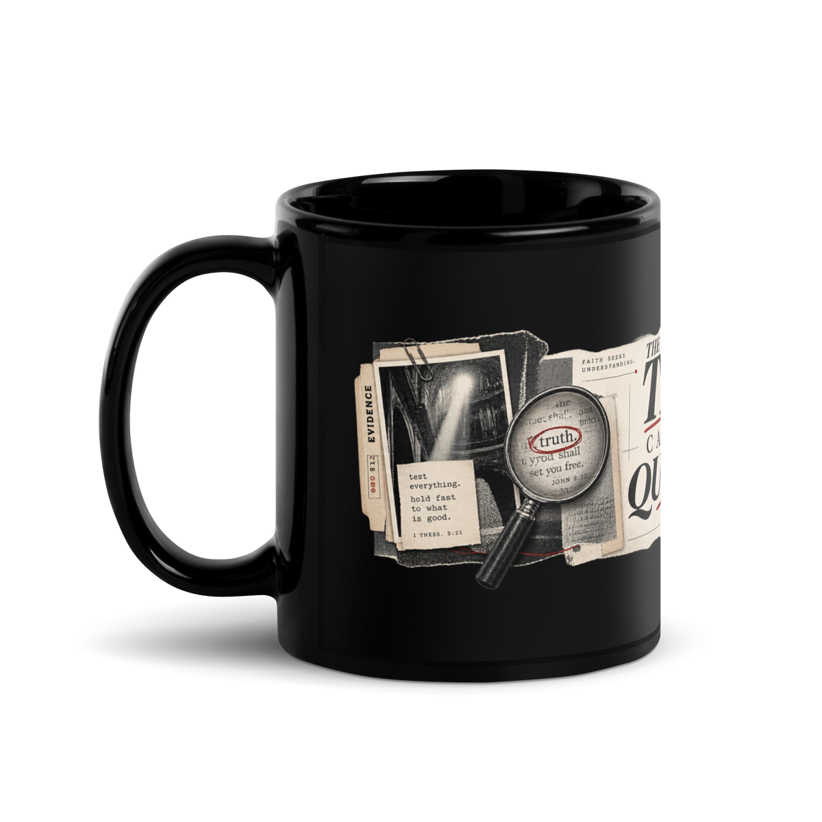 Test Everything black Christian discernment mug by Gospel Noir, left-side product view.