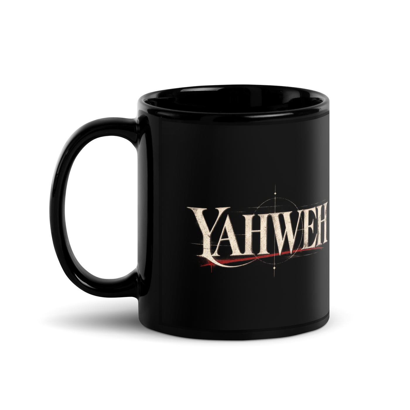 Yahweh Name of God black Christian mug by Gospel Noir, left-side product view.