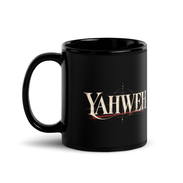 Yahweh Name of God black Christian mug by Gospel Noir, left-side product view.