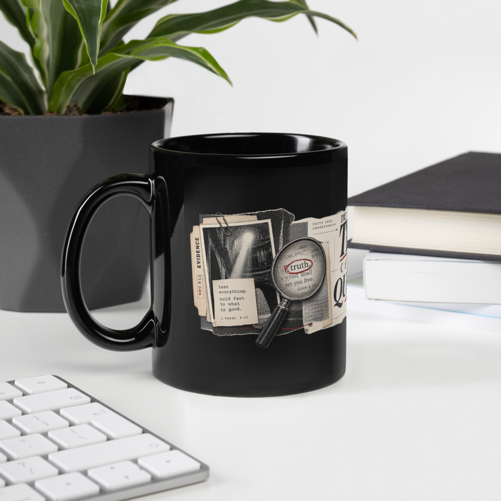 Test Everything Christian Discernment Mug — black, left handle on left. Gospel Noir Christian coffee mug by Heavenly Crafted, faith-based drinkware