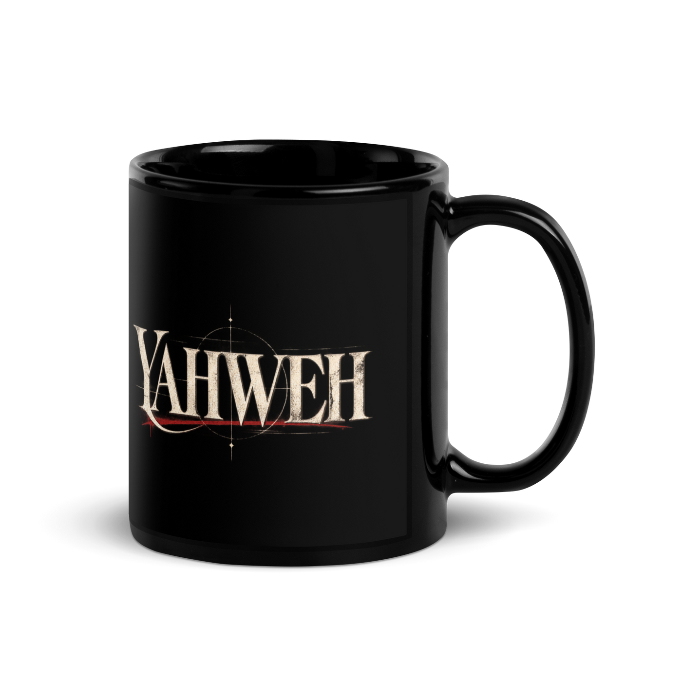 Yahweh Name of God black Christian mug by Gospel Noir, right-side product view.