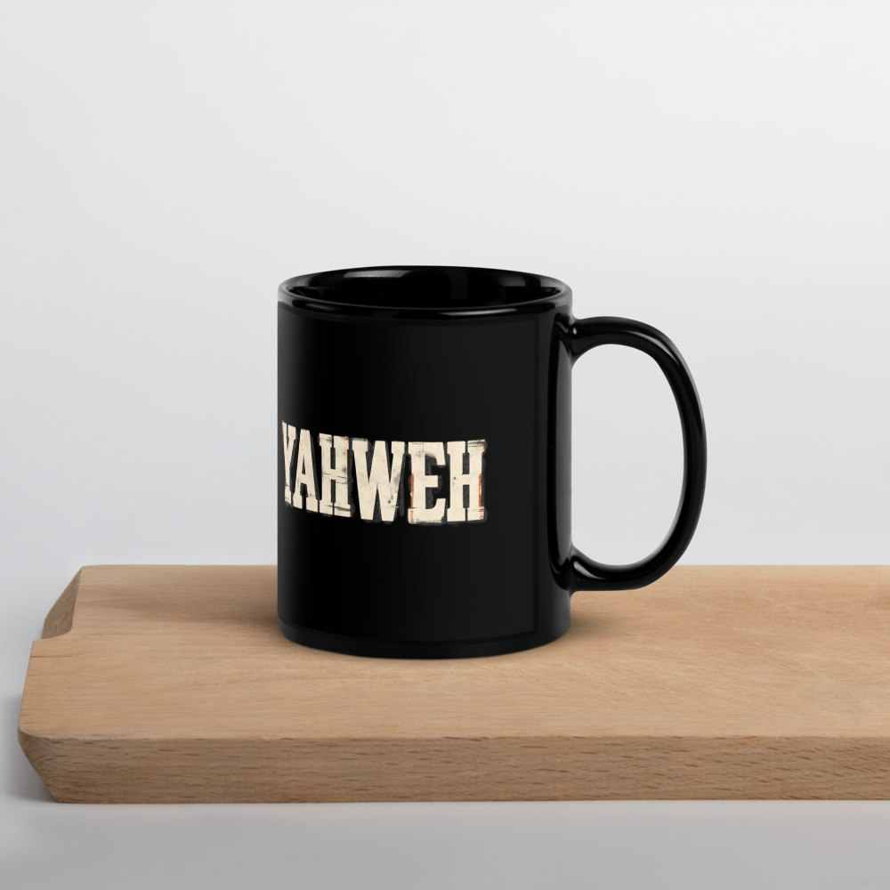 Yahweh Name of God Black Christian Mug — black, right handle on right. Gospel Noir Christian coffee mug by Heavenly Crafted, film noir Christian mug
