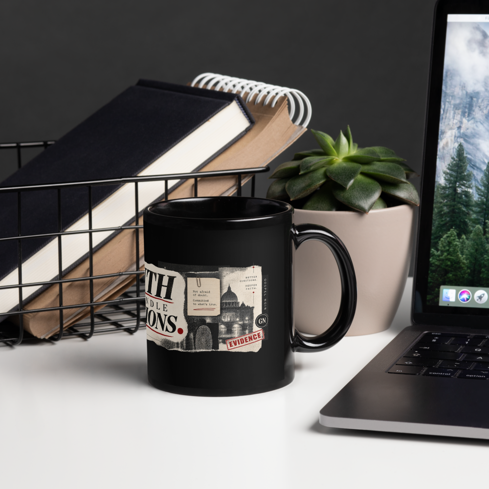 Test Everything Christian Discernment Mug — black, right handle on right. Gospel Noir Christian coffee mug by Heavenly Crafted, Bible verse coffee mug
