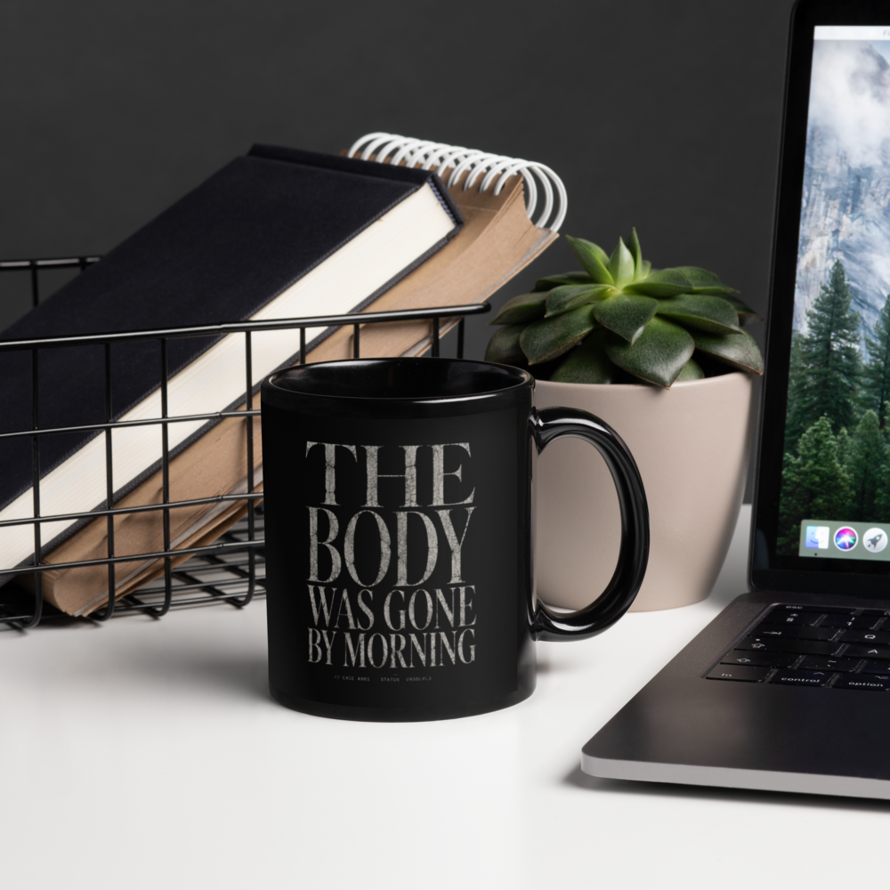 The Body Was Gone by Morning Black Christian Mug – 11 oz — black, right handle on right. Gospel Noir Christian coffee mug by Heavenly Crafted, Christmas Christian gift