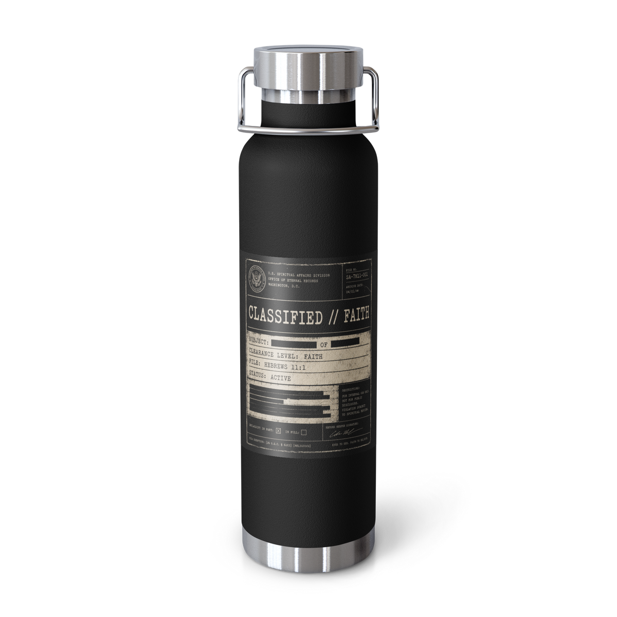 Classified Evidence 22 oz insulated bottle — black, front view