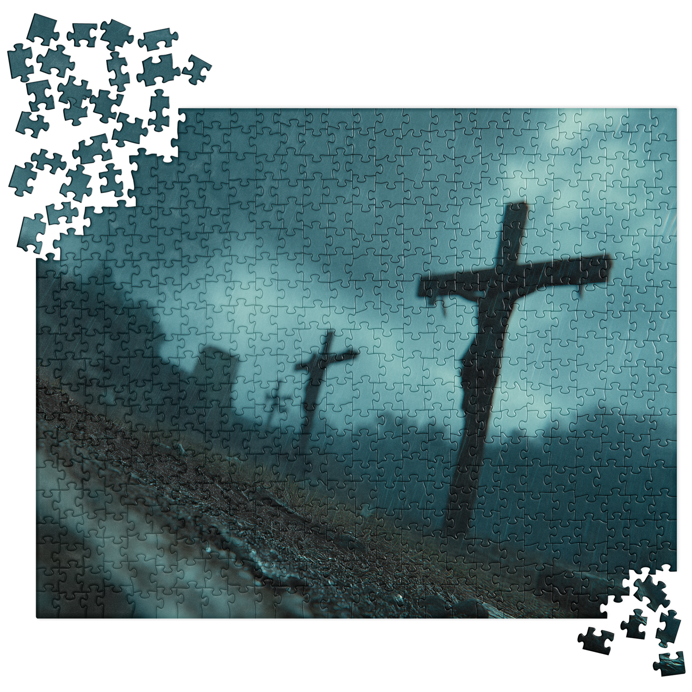 Jesus on the Cross Christian 520-piece jigsaw puzzle with Crucifixion artwork, front product view.