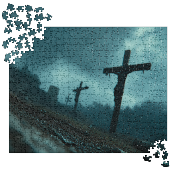 Jesus on the Cross Christian 520-piece jigsaw puzzle with Crucifixion artwork, front product view.