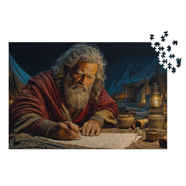 Moses Writing Christian 1000-piece jigsaw puzzle with metal tin and Bible-inspired artwork.
