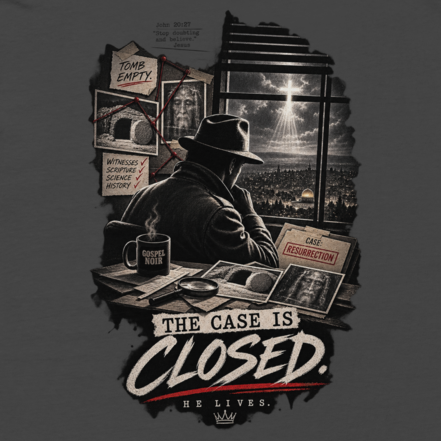 Case Closed Gospel Noir Oversized Faded Christian T-Shirt — Brand Edition — black, back. Gospel Noir Christian T-shirt by Heavenly Crafted, film noir Christian apparel