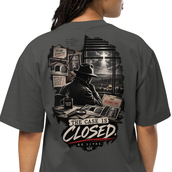 Case Closed Gospel Noir Oversized Faded Christian T-Shirt — Brand Edition — back. Gospel Noir Christian T-shirt by Heavenly Crafted, Bible verse shirt