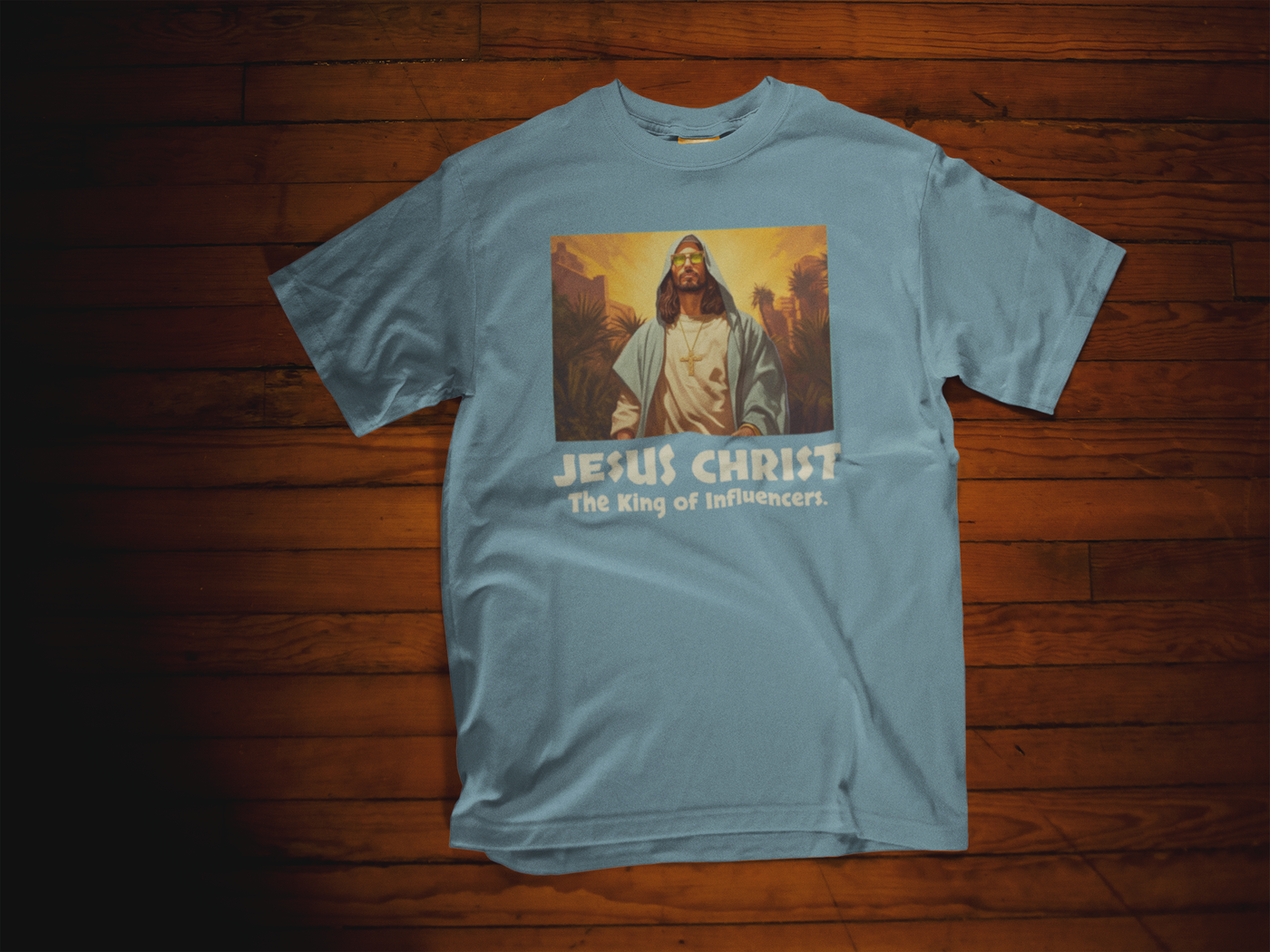 Jesus: King of Influencers Steel Blue Christian T-Shirt — steel blue, product mockup 2