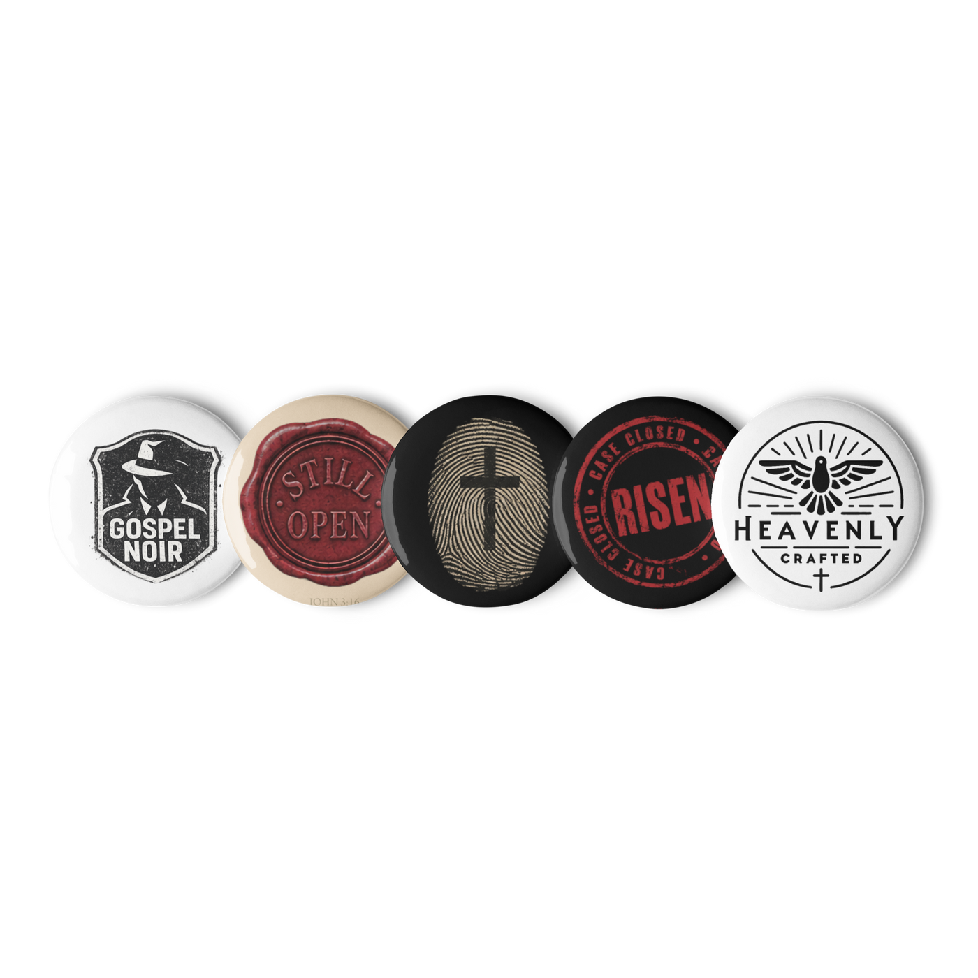 Gospel Noir Christian pin buttons — 5-pack accessory set