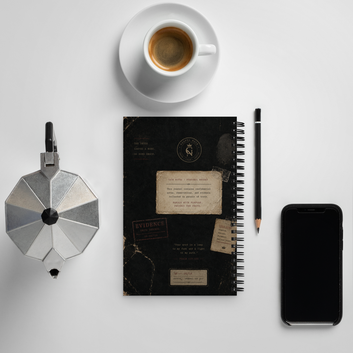 Gospel Noir Investigation Notes – Dotted Spiral Notebook — lifestyle view