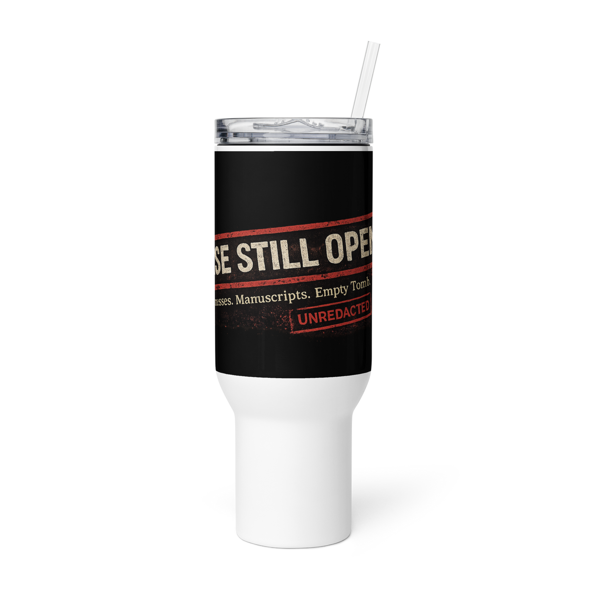 Case Not Closed 40 oz Christian travel mug — white, front view