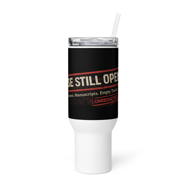 Case Not Closed 40 oz Christian travel mug — white, front view