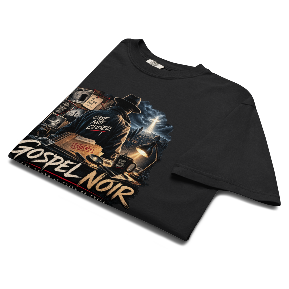 The Case Is Still Open Christian Heavyweight T-Shirt — black, front. Gospel Noir Christian T-shirt by Heavenly Crafted, Christmas Christian streetwear gift