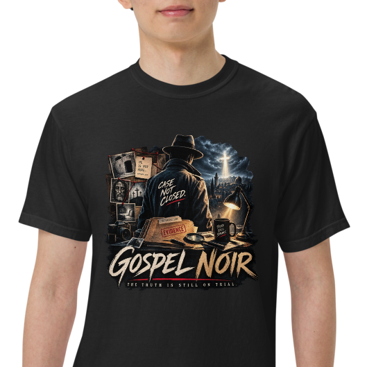 The Case Is Still Open Christian Heavyweight T-Shirt — black, front. Gospel Noir Christian T-shirt by Heavenly Crafted, Christmas Christian streetwear gift