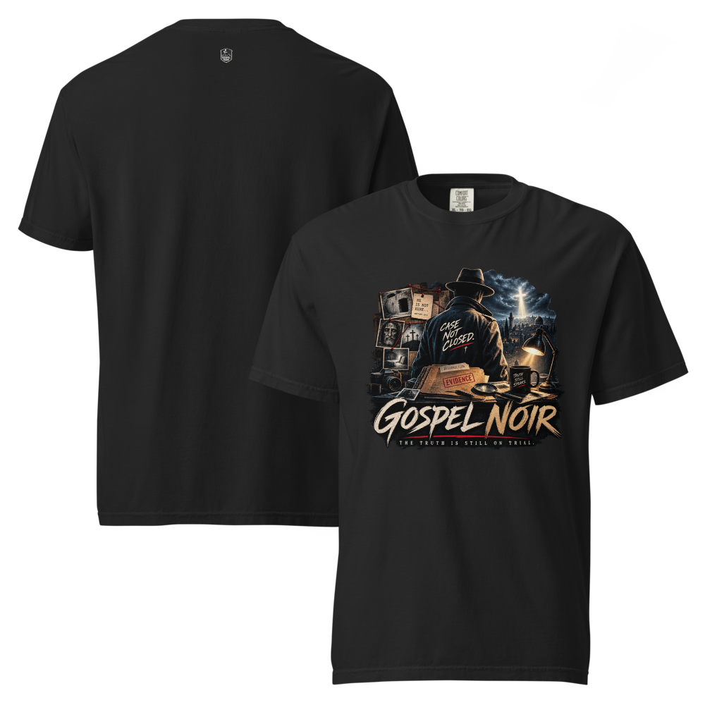 The Case Is Still Open Christian Heavyweight T-Shirt — black, front back. Gospel Noir Christian T-shirt by Heavenly Crafted, film noir Christian apparel