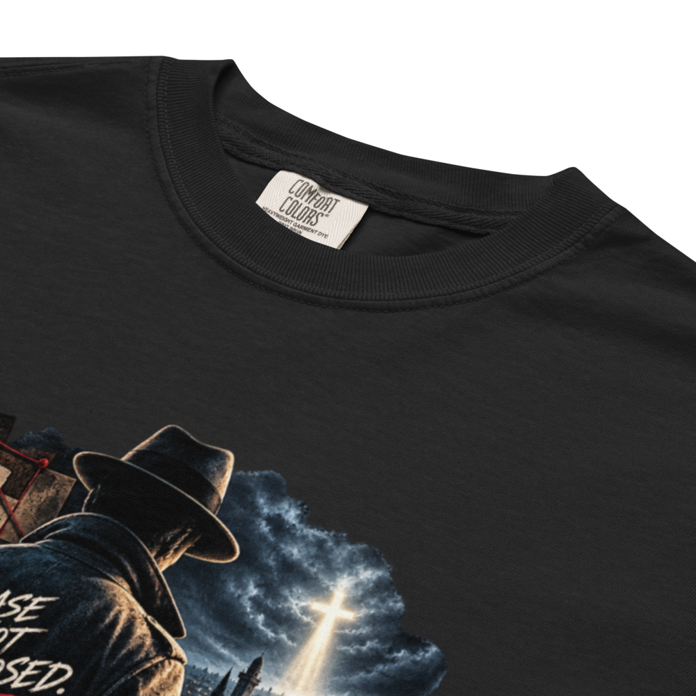 The Case Is Still Open Christian Heavyweight T-Shirt — black, product details. Gospel Noir Christian T-shirt by Heavenly Crafted, faith-based apparel for men and women