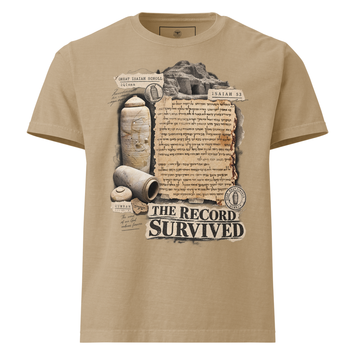The Record Survived biblical archaeology Christian oversized T-shirt by Gospel Noir, front view.