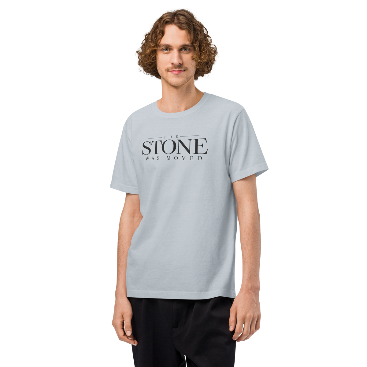 The Stone Was Gone by Morning Christian resurrection oversized T-shirt by Gospel Noir, product view.