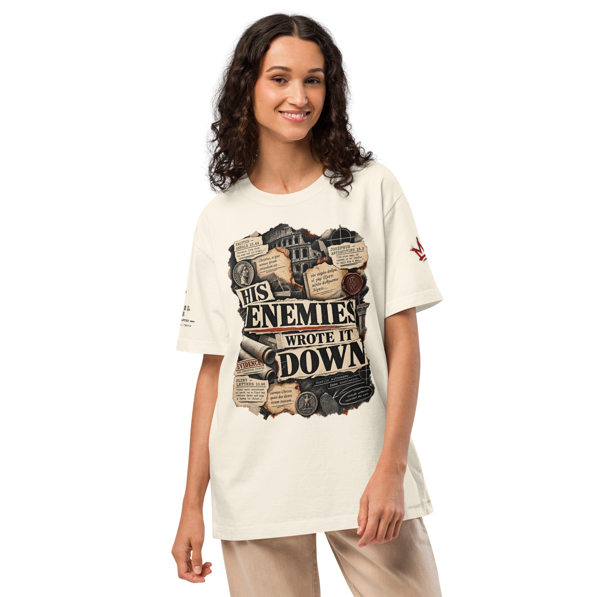His Enemies Wrote It Down oversized historical Jesus apologetics T-shirt with Gospel Noir evidence design.