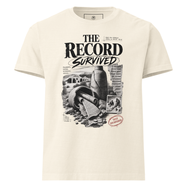 The Record Survived oversized Christian T-shirt with Gospel Noir Dead Sea Scrolls manuscript evidence design.