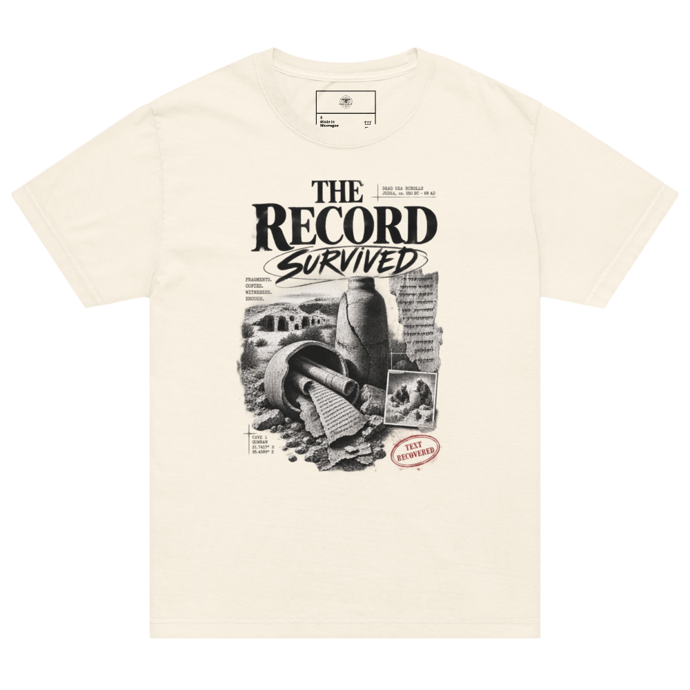 Dead Sea Scrolls Christian Oversized T-Shirt — The Record Survived, Archive Edition — white, front. Gospel Noir Christian T-shirt by Heavenly Crafted, film noir Christian apparel