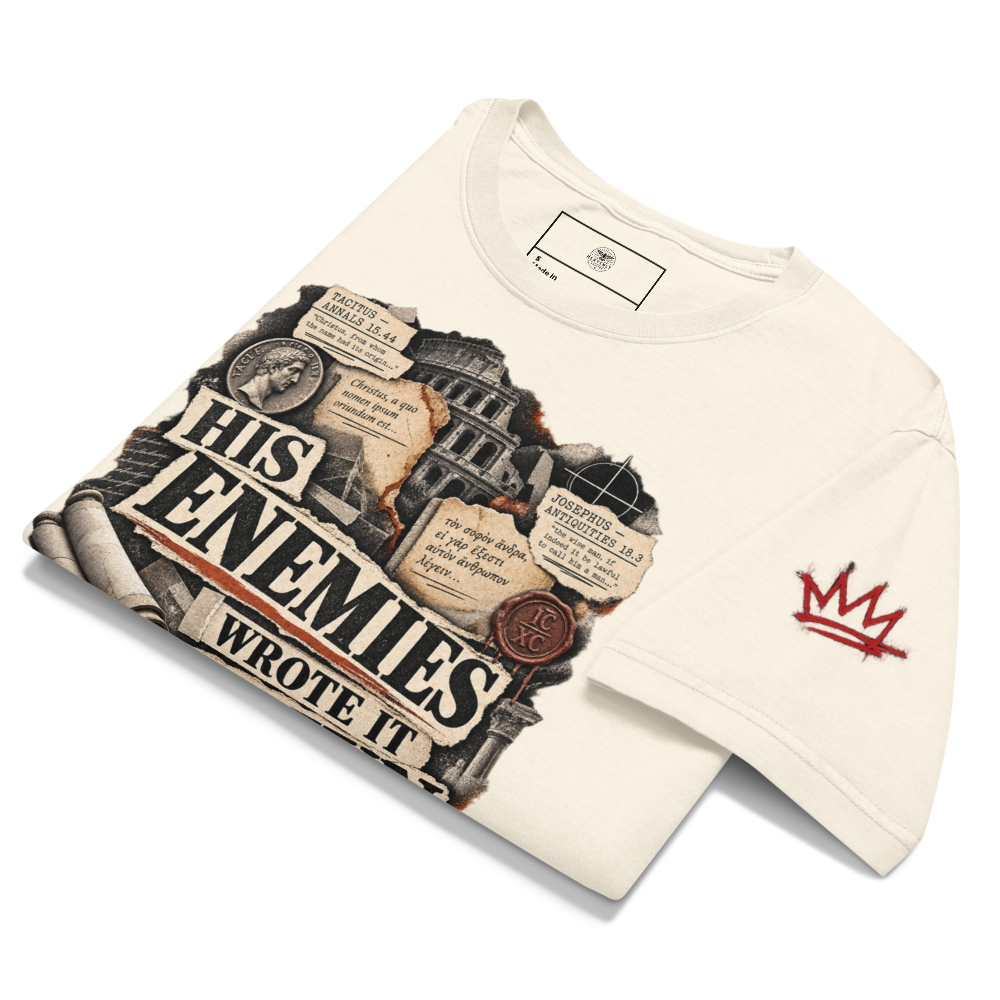 Historical Jesus Apologetics T-Shirt — His Enemies Wrote It Down — white, front. Gospel Noir Christian T-shirt by Heavenly Crafted, Christian streetwear