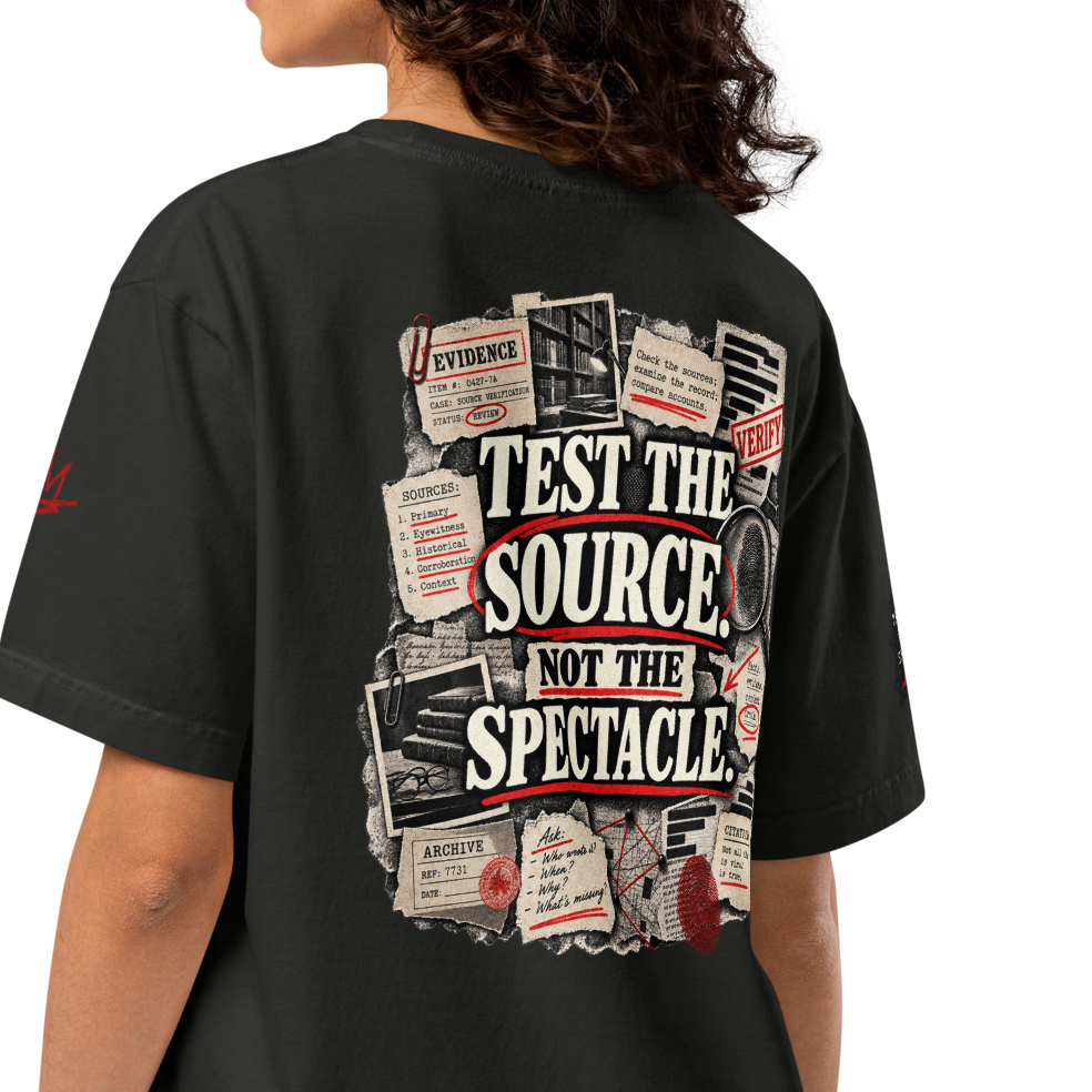 Christian Discernment Oversized T-Shirt — Test the Source, Not the Spectacle II — black, back. Gospel Noir Christian T-shirt by Heavenly Crafted, film noir Christian apparel