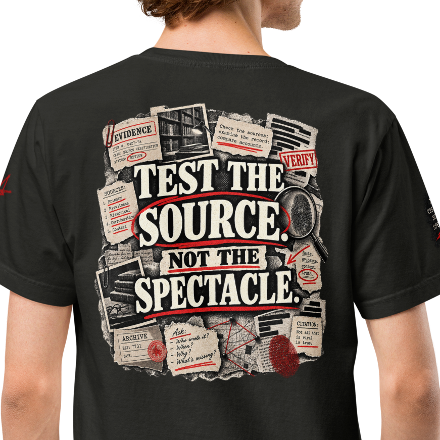 Christian Discernment Oversized T-Shirt — Test the Source, Not the Spectacle II — washed black, alternate back view. Gospel Noir Christian T-shirt by Heavenly Crafted, Christian streetwear