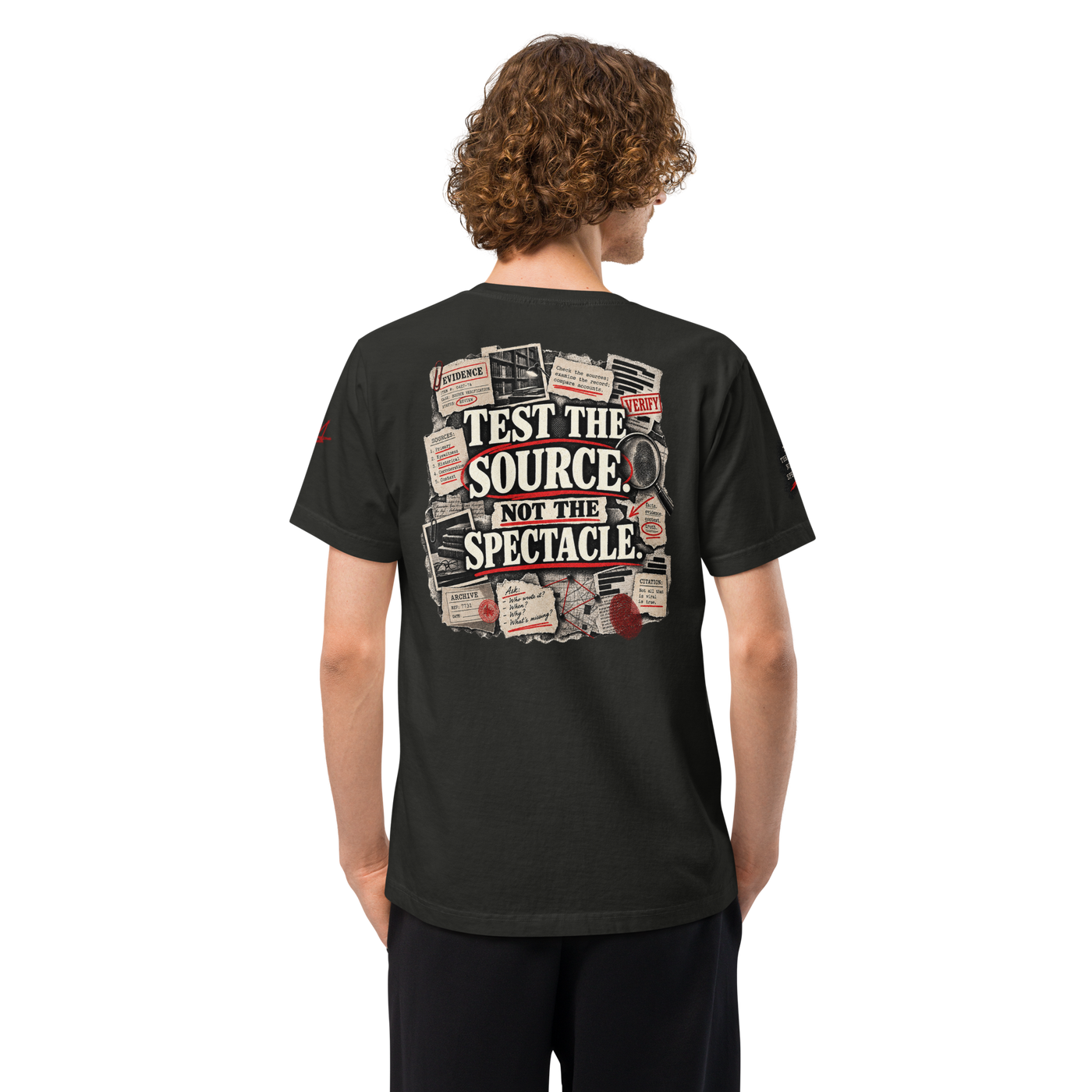 Test the Source Not the Spectacle II Christian oversized T-shirt — washed black, alternate back view